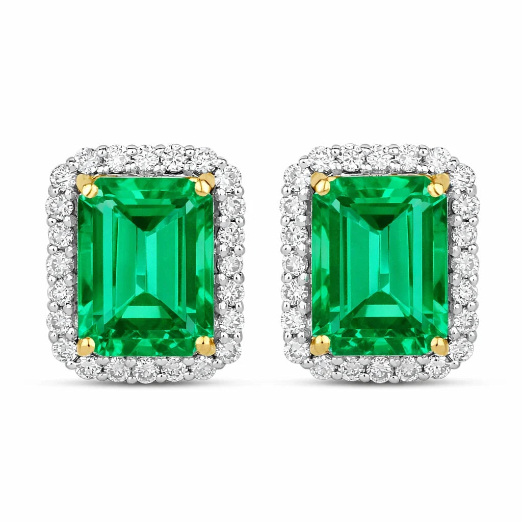 Emerald Cut Diamond Halo Stud Earrings