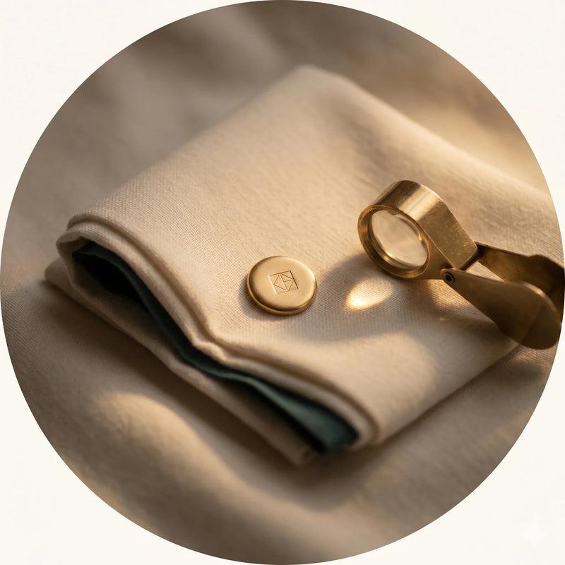 Gold cufflinks and shirt cuff on a beige fabric background