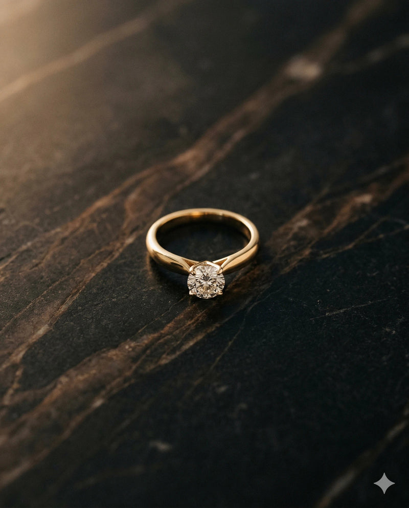 Gold ring with a diamond on a dark wooden surface