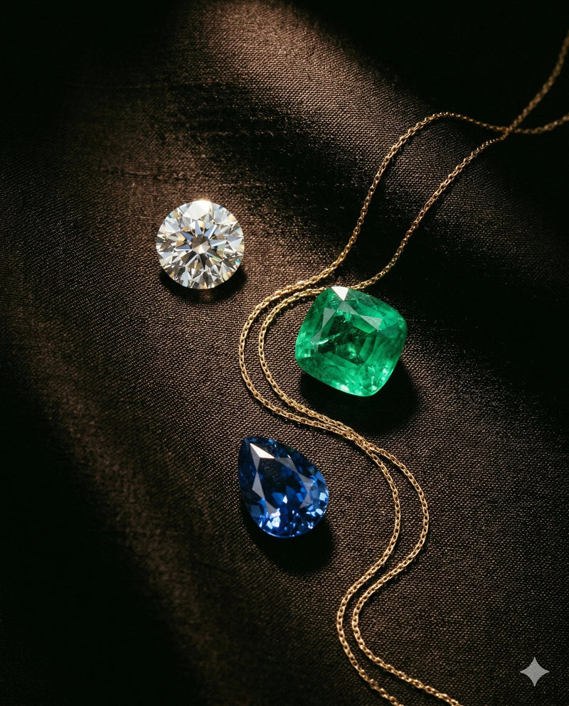 Diamond, emerald, and blue gemstone on a gold chain against a dark background