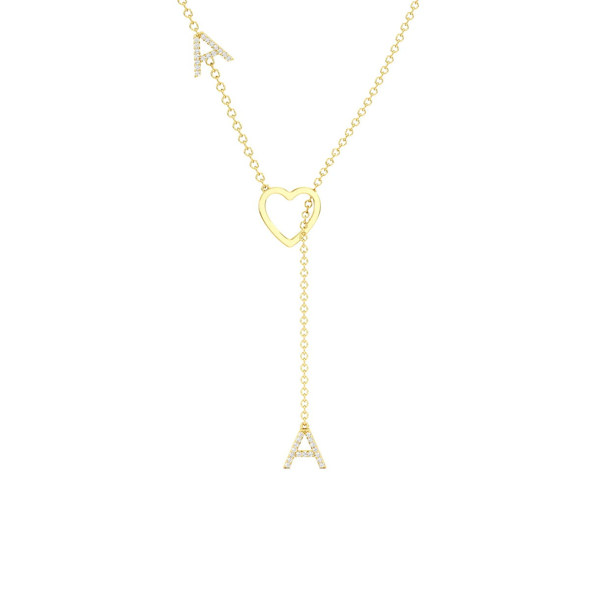 Diamond Pavé Double Initial Drop Necklace with Heart Detail
